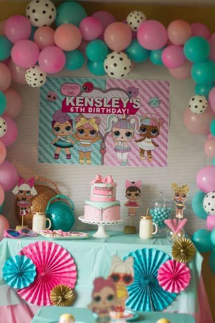 Kensley's L.O.L Surprise Doll Birthday  | CatchMyParty.com Doll Birthday Party, Suprise Birthday, Funny Birthday Cakes, Doll Party, Birthday Party Tables, Birthday Table, Birthday Surprise Party, 6th Birthday Parties, Girl Birthday Party