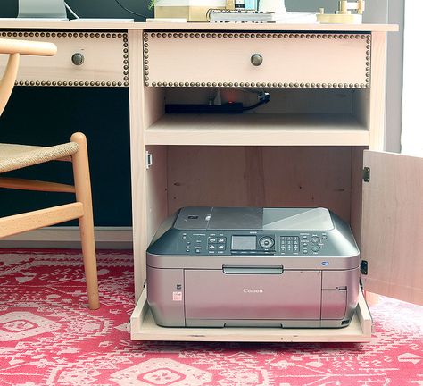 16 Ideas for the Most Organized Desk Ever Desk With Printer Storage, Desk With Printer, Printer Storage, Diy Drawer Dividers, Edward Jones, Office Hacks, Printer Cabinet, Diy Computer Desk, Printers Drawer