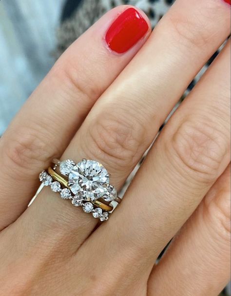 Wedding Rings Second Marriage, Mix Matched Wedding Bands, Mix Metal Wedding Set, Engagement Ring Mixed Metals, Round Cut Engagement Ring Stack, Two Tone Wedding Ring Stack, Ring Stacking Ideas Wedding Bands Gold, Mixed Metal Rings Wedding, Gold Engagement Ring With Diamond Band