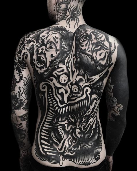 Simone Ruco Blackwork Backpiece, Demon Teeth, Faces Portrait, Demon Monster, Backpiece Tattoo, Tattoo Spots, Tattoo Process, Torso Tattoos, Demon Tattoo