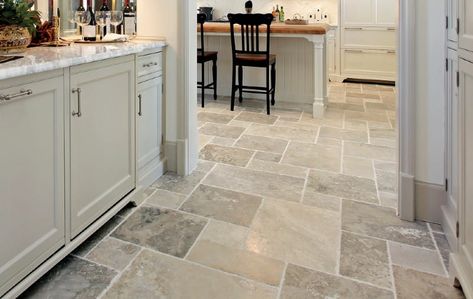 Stone Tile Kitchen Floor, Travertine Tiles Kitchen, Stone Kitchen Floor, Stone Tiles Kitchen, Kitchen Floor Tiles, Natural Stone Tile Floor, Stone Tile Flooring, Kitchen Floor Tiles Ideas, Travertine Floors