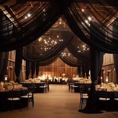 Ceiling Draping Wedding, Mascarade Ball, Ceiling Drapery, Wedding Drapery, Gothic Wedding Theme, Industrial Room, Draping Wedding, Dark Ceiling, Wedding Ceiling