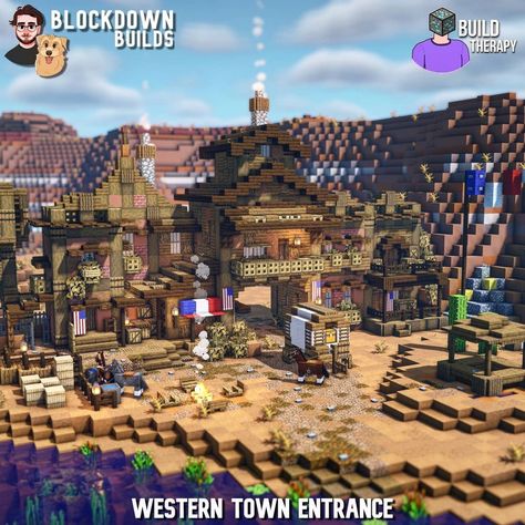 Minecraft Western House Ideas, Western House Minecraft, Minecraft Western Town, Minecraft Western Builds, Western Minecraft Builds, Minecraft Town Square, Western House Ideas, Town Entrance, Minecraft Park