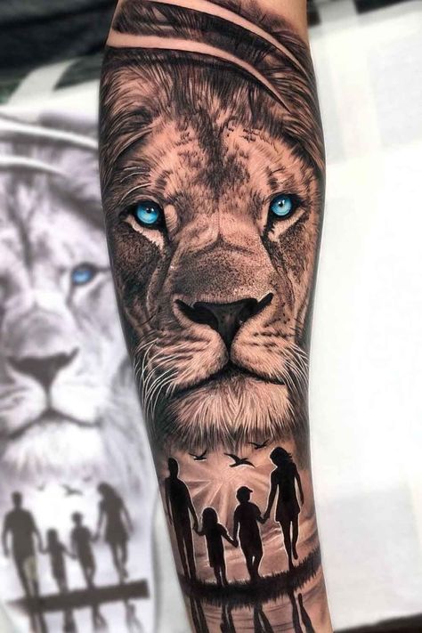 Son Sleeve Tattoo, Tattoo For Men On Forearm, Leones Tattoo, Lion Family Tattoo, Family Sleeve Tattoo, Leon Tattoo, Familia Tattoo, Lion Forearm Tattoos, Family Tattoos For Men