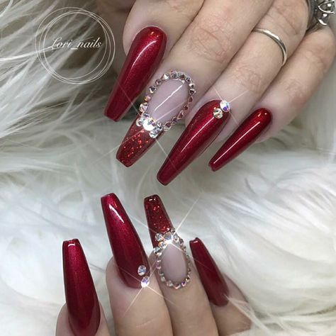 Long Acrylic Nails. Red Nails. Nails With Rhinestones. Acrylic Nails. Gel Nails. Red Nails With Rhinestones, Ongles Gel French, Gel Nails Long, Nails With Rhinestones, Deco Orange, Red Acrylic Nails, Nails Design With Rhinestones, Red Nail Designs, Coffin Nails Long