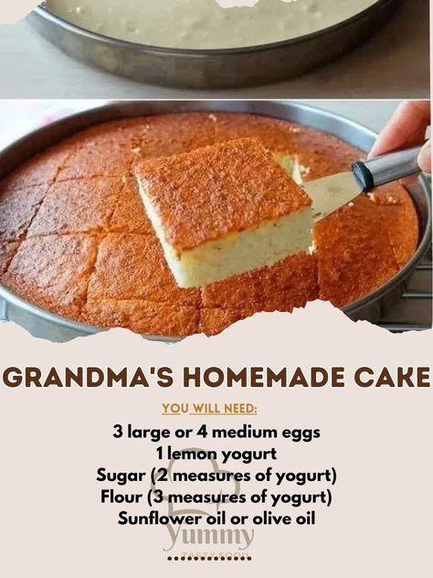 GRANDMA'S HOMEMADE CAKE 😋 Ingredients: 3 large or 4 medium eggs 1 lemon yogurt Sugar (2 measures of yogurt) Flour (3 measures of yogurt) Sunflower oil or olive oil (1 measure of yogurt) 1 sachet of baking powder (16 gr of baking powder) Lemon zest Butter and flour (to spread the mold) Icing sugar to decorate (optional) Preparation: We heat the oven to 150º. We beat the eggs and add the sugar, yogurt, sunflower oil and lemon zest (without the white part, as it would be bitter). We unite the fl... 2 Ingredients Recipes, Yogurt Cake Recipe Easy, Yogurt Cake Recipe, Homemade Cookbook, Cake Recipes Easy Homemade, Lemon Yogurt, Cookie Recipes Homemade, Homemade Pastries, Homemade Cake