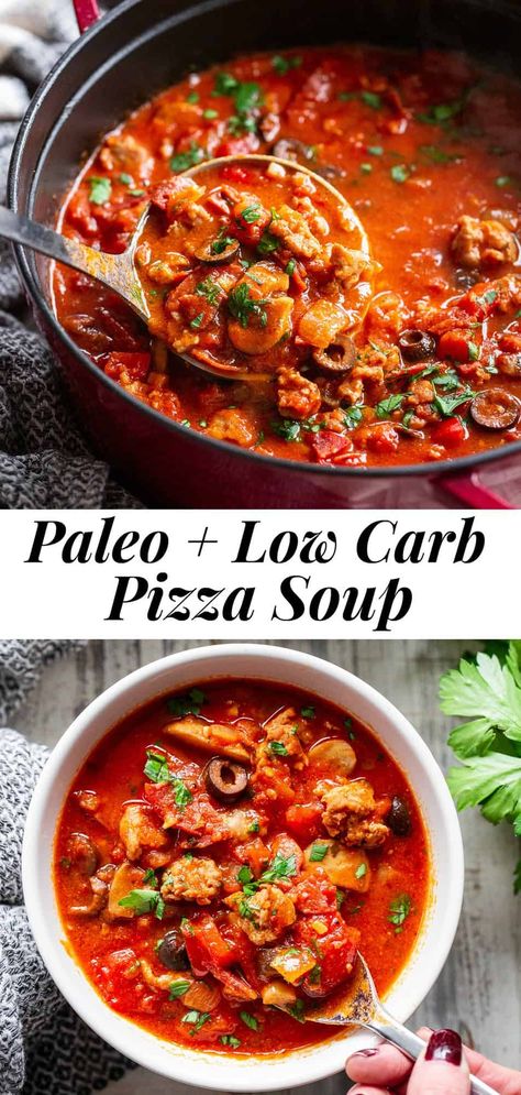 This low carb and paleo pizza soup is hearty, comforting and packed with all your favorite pizza toppings like sausage, peppers, onions, mushrooms, olives and pepperoni. Add broth and your favorite marinara sauce and you have a healthy meal that tastes just like pizza but without the carbs and dairy! #whole30 #paleo #keto #cleaneating Sausage Peppers Onions, Pizza Soup, Paleo Pizza, Sausage Peppers, Paleo Soup, Egg Diet Plan, Low Carb Low Fat Recipes, Boiled Egg Diet Plan, Boiled Egg Diet