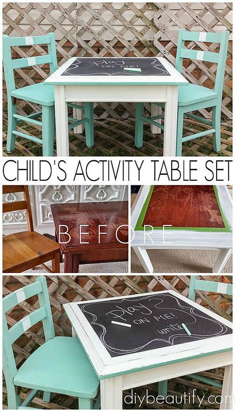 Create an activity set from mismatched pieces | diy beautify Refurbished Table, Mismatched Furniture, Chalkboard Table, Diy Muebles Ideas, Kids' Furniture, Woodworking For Kids, Diy Chalkboard, Kids Table, Activity Table