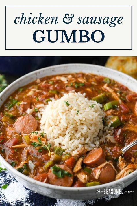 This Louisiana chicken and sausage gumbo with okra, a roux, and The Holy Trinity of onions, celery, and bell peppers is a classic Cajun stew! Top each bowl with a scoop of rice for a hearty, flavorful, and satisfying dinner. You don't need to go to New Orleans to enjoy an easy gumbo recipe! Easy Gumbo, Gumbo Recipe Easy, Chicken And Sausage Gumbo, Cajun Gumbo, Chicken Sausage Gumbo, Chicken Gumbo, Chicken And Sausage, Sausage Gumbo, Homemade Chicken Stock