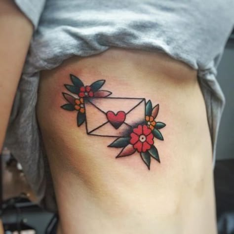 Love Letter Tattoo, Envelope Tattoo, Traditional Tattoo Woman, Traditional Tattoo Flowers, Bouquet Tattoo, Traditional Tattoo Sleeve, Japanese Sleeve Tattoos, Sailor Jerry, Traditional Tattoo Flash