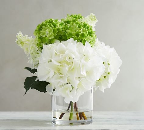 Faux Composed Viburnum Hydrangea Arrangement Hydrangea Arrangement, Spring Display, Modern Glass Vases, Hydrangea Arrangements, Wall Candle Holders, No Rain, White Hydrangea, Home Decor Outdoor, White Bouquet