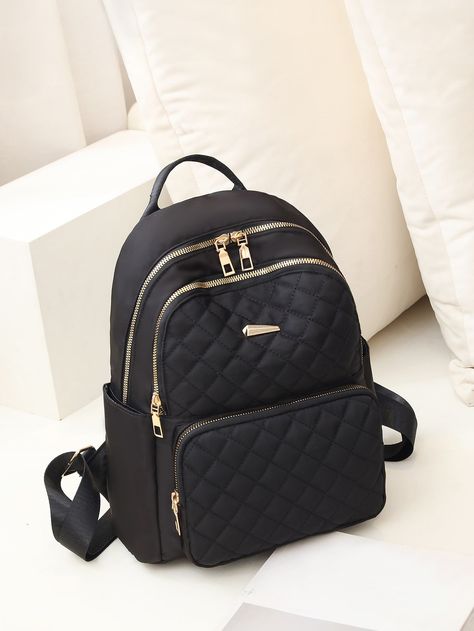 Black Fashionable Collar  PU Leather Plaid,Quilted Classic Backpack Embellished   Women Bags Back To School For Teens, Stylish School Bags, Chic Quilts, Backpack Waterproof, Quilted Backpack, Professional Bag, Charm School, Adjustable Bag, Stylish Backpacks