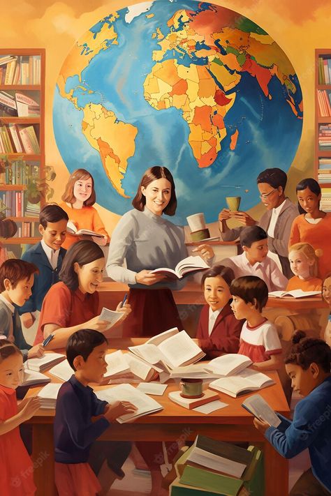 Book World Illustration, Teacher Pictures Teaching, Teacher Images Teaching, Teacher Teaching Drawing, Teachers Day Drawings Student, World Teachers Day Poster, Teacher And Student Illustration, Teachers Day Painting, Teachers Background