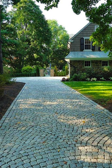 Ribbon Driveway, Driveway Design Ideas, Driveway Ideas Cheap, Backyard Pathway, Belgian Block, Cobblestone Pavers, Landscape Hardscape, Modern Driveway, Cobblestone Driveway