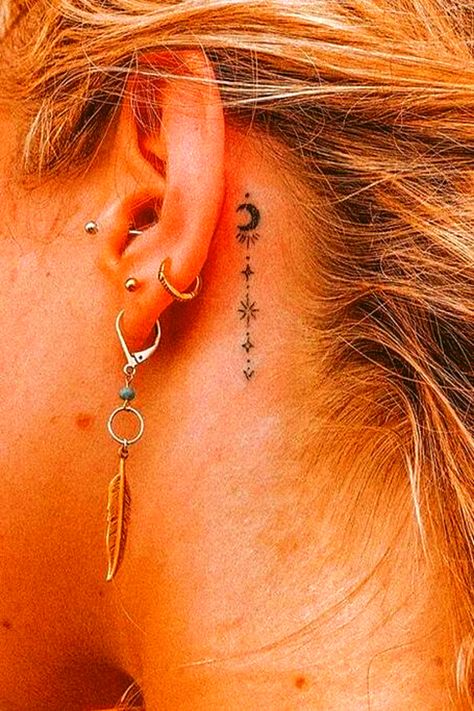 Behind Ear Tattoo Small, Behind The Ear Tattoo Ideas, Small Moon Tattoos, Behind Ear Tattoos, Behind The Ear Tattoo, Tattoo Behind Ear, Moon Phases Tattoo, Ear Tattoo Ideas, Date Tattoos