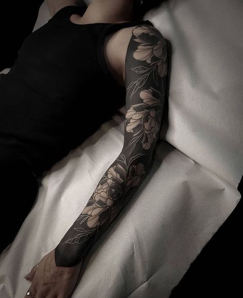 Blackout Floral Sleeve, Tattoos With White Ink, Ink Reference, White Ink Tattoos, Black Sleeve Tattoo, Tattoos Inspo, White Tattoos, Black Tattoo Cover Up, Christian Sleeve Tattoo