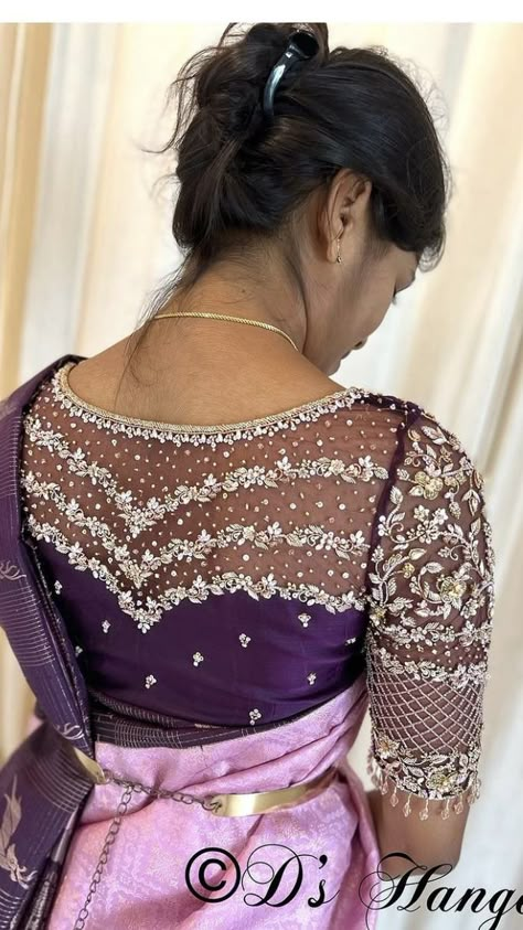 Hand Net Aari Work Blouse, Full Hand Net Aari Work Blouse, Back Neck Net Aari Work, Net Aari Work Blouse Designs, Violet Bridal Blouse Designs, Purple Resham Embroidery Blouse For Reception, Wedding Net Blouse With Resham Embroidery, Marriage Blouse Designs, Pelli Photos