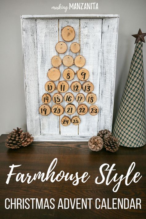 Farmhouse style Christmas Advent Calendar ideas | DIY Rustic Christmas Advent Calendar Countdown | Turn the wood rounds over to display the numbers as you count down the days till Christmas | Easy Christmas Crafts | Farmhouse Decorations | Fixer upper style Xmas decor | White and tan Christmas decor | Neutral Holiday | Perfect for your mantle | Decorating with farmhouse style for Christmas | Christmas count down signs | Wood rounds nailed to wood tray Rustic Advent Calendar, Calendar Advent, Christmas Cuties, Farmhouse Style Christmas, Shabby Tree, Fabric Christmas Trees, Days Till Christmas, Homemade Christmas Decorations, Country Christmas Decorations