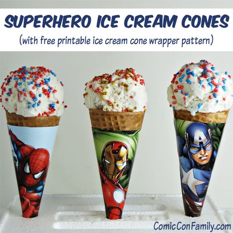 Superhero Ice Cream Cones (with free printable ice cream cone wrapper pattern) Superhero Party Food Labels, Cone Wrappers, Superhero Printables, Diy Superhero, Avengers Party, Spiderman Party, Avengers Birthday, Party Labels, Superhero Birthday Party