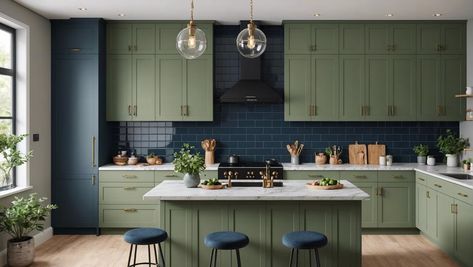 Green And Blue Kitchen, Blue And Green Kitchen, Sage Green And Navy, Kitchen Flooring Trends, Blue Green Kitchen, Kitchen Tile Inspiration, Green Kitchen Walls, Ensuite Bathroom Designs, Industrial Chic Kitchen