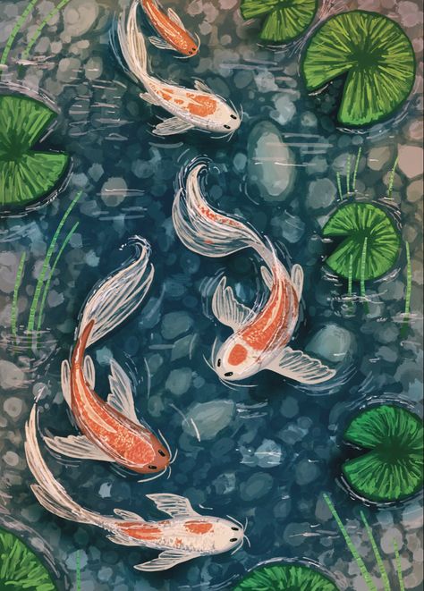 Koi Pond Painting, Pond Drawing, Dandelion Drawing, Koi Fish Painting, Koi Painting, Koi Fish Drawing, Pond Painting, Koi Art, Carpe Koi