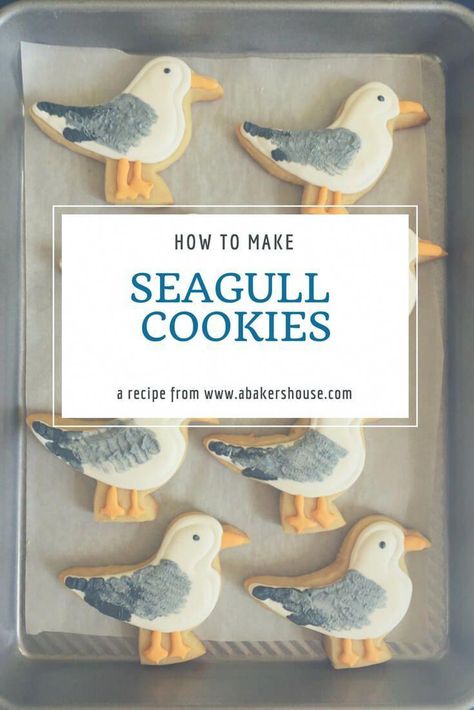 Have some fun with beachy seagulls in these precious cookies! Decorate with a food safe paintbrush-- so easy. Seagull Cookies | Cut out Sugar Cookies decorated with royal icing | Perfect for a beach and summer theme party! Made by Holly Baker at www.abakershouse.com #beachtheme #summerparty #seagulls #sugarcookies #royalicing #decoratedcookies #abakershouse #cakedecoratingdesigns Sugar Cut Out Cookies, White Royal Icing, Summer Theme Party, Cut Out Sugar Cookies, Halloween Sugar Cookies Decorated, Cut Out Sugar, Beach Cookies, Bird Cookies, Halloween Cookies Decorated