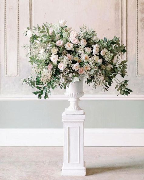 Urn Wedding Arrangements, Urn Floral Arrangements Wedding, Urn Vase Floral Arrangements, Wedding Urn Flowers, Floral Urns Wedding, Altar Florals, White And Pink Wedding Flowers, Pastel Themed Wedding, White And Pink Wedding