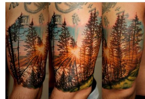 Tattoo Forest Arm, Tree Tattoo Color, Scenery Tattoo, Tattoo Artists Near Me, Forest Tattoo, Nature Tattoo Sleeve, Sunset Tattoos, Landscape Tattoo, Forest Tattoos