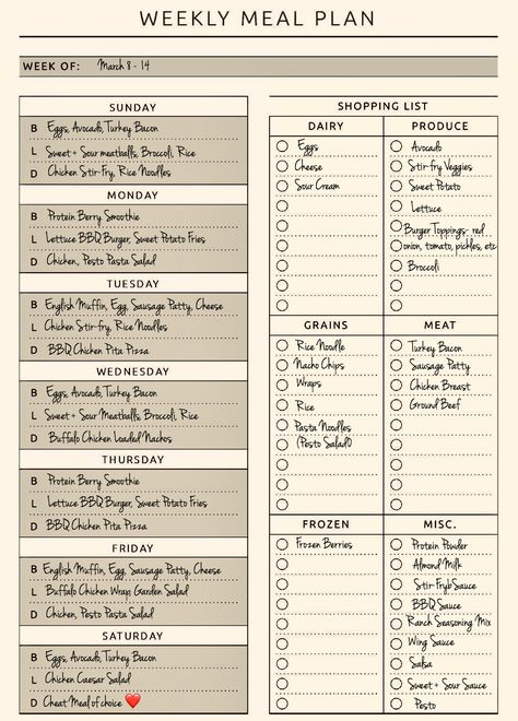 Meal Prep With Grocery List, Weekly Meal Prep Ideas, Simple Grocery List, Meal Prep Menu, Fitness Meal Prep, Weekly Meal Planning, Weekly Meal Prep, Meal Prep Ideas, Chicken Lettuce Wraps