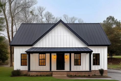 This modern farmhouse plan  gives you 2 bedrooms, 2 full baths and 1,120 square feet of heated living space with a 2-car side-entry garage at the rear of the home.  Step into a space that is open wall-to-wall from the 8'-deep front porch and enjoy unbroken views from the kitchen stove to the fireplace. The entire front of the home is under a vaulted ceiling. Bedrooms line the back of the home plan and are separated by two bathrooms maximizing your privacy. Architectural Designs' primar Country House Small Cottage Style, Garage Beside House, Modern Farmhouse 1 Story Floor Plans, 2 Bedroom Cottage House Plans, 28x36 House Plans Layout, One Bedroom House Plans Open Floor Small, 2 Bed 2 Bath Small House Plans, 2 Bedroom 1200 Sq Ft House Plans, 30x28 House Plans