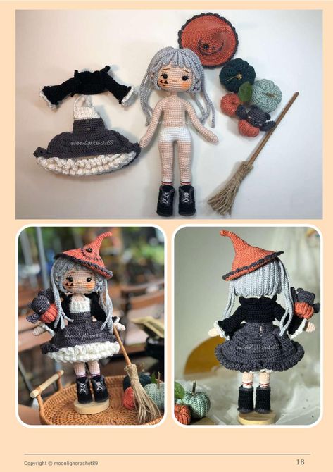 Crochet Patterns Autumn, Amigurumi Witch Free Pattern, Crochet Witch Amigurumi, Crochet Doll Witch Hat, Crochet Spooky Dolls, Crochet Caroline Doll Pattern, Amigurumi Baba, Doll Crochet Pattern, Doll Wigs