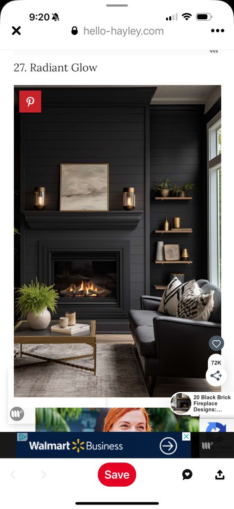 Black Fireplace With Shelves, All Black Fireplace Wall, Moody Fireplace Wall, Black Fireplace With Wood Mantle, All Black Fireplace, Black Painted Brick Fireplace, Dark Fireplace Wall, Moody Fireplace, Black Fireplace Wall