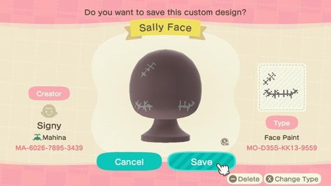 For Animal Crossing New Horizons. Need to complete your Sally costume? Here ya go. Animal Crossing Halloween Face Paint, Animal Crossing Spooky Face Paint, Acnh Spooky Face Paint, Acnh Goth Face Paint, Goth Face Paint Animal Crossing, Animal Crossing Costume Codes, Animal Crossing Fashion Goth, Animal Crossing Halloween Costume Code, Acnh Halloween Costume Ideas