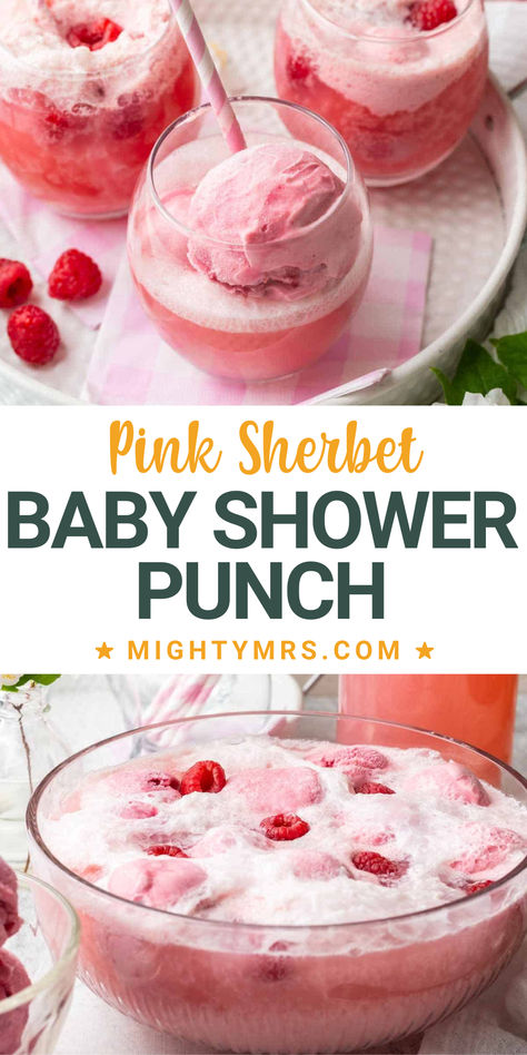 This pink sherbet punch is perfect for any occasion, but is especially pretty for a baby shower. This frothy pink punch made with raspberry sherbet and ginger ale is one of my favorite party beverages! Are you planning an event with pink as the main color? This punch would fit right in. Raspberry Sorbet Punch, Pink Shower Punch, Pink Sherbet Punch Recipes, Frozen Pink Lemonade Punch, Strawberry Sherbet Punch, Ginger Ale And Sherbert Punch, Raspberry Sherbet Punch Recipes, Pink Colored Drinks, Easy Pink Punch Recipes Non Alcoholic