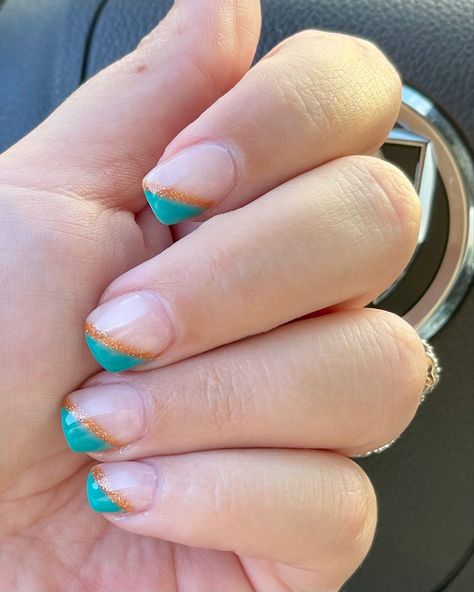 Diagonal French Tip Nails, Turquoise French Tip, Diagonal French Tip, Turquoise French Tip Nails, Nails For November, Teal And Orange, November Nails, Tip Nails, French Tip Nails