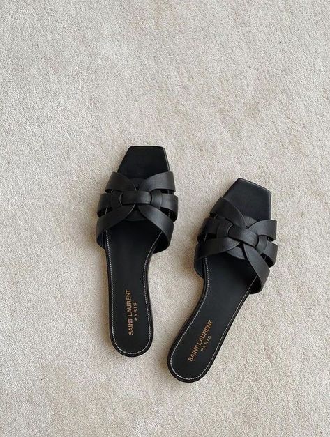 If you're looking for trending designer sandals, you'll love these 15 chic everyday options. These flat black Saint Laurent Tribute sandals are just one option that we love. Dad Sandals, Trending Womens Shoes, Comfortable Loafers, Chic Heels, Sophisticated Outfits, Sandals Outfit, Relaxed Outfit, Slingback Shoes, Prada Leather