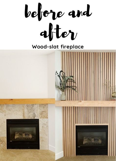 How to Create a Wood-slat Fireplace — Inside | Out Wood Paneling With Shelf, Slate Wall Fireplace, Ribbon Fireplace Ideas, Slat Wood Fireplace Wall, Wooden Surround Fireplace, Wall Fireplace With Mantle, Modern Fireplace Mantels With Tv Above, White Panel Fireplace, Fire Places Ideas Living Room Wood