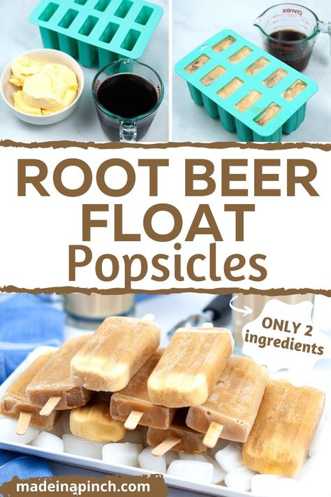 Root Beer Float Popsicles! These frozen pops have only 2 ingredients and are a super fun summer treat! Containing your favorite flavors of root beer and ice cream AND keeping you cool in the heat. Make these root beer popsicles today! #popsiclerecipes #DIYpopsicles #rootbeerfloatpops #frozendesserts #summerdesserts #popsicles #rootbeerpops #RootBeerFloat Root Beer Popsicles, Root Beer Float Popsicles, Homemade Root Beer, Homemade Rootbeer, Frozen Treats Recipes, Raspberry Ice Cream, Beer Float, Homemade Popsicles, Easy Summer Desserts