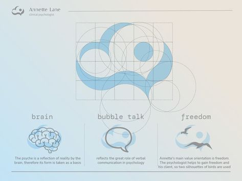 Brain - The psyche is a reflection of reality by the brain, therefore its form is taken as a basis bubble talk - reflects the great role of verbal communication in psychology freedom - Annette's main value orientation is freedom. The psychologist helps to gain freedom and his client, so two silhouettes of birds are used Psychologist Logo, Help Logo, Freedom Logo, Brain Graphic, Pattern Making Tutorial, Exhibition Display Design, Verbal Communication, Brain Logo, Communication Logo