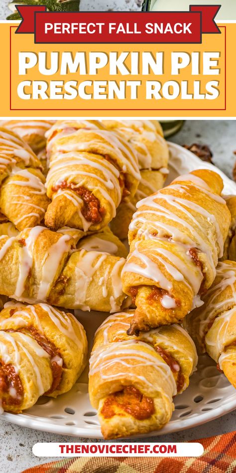 Pillowy soft crescent dough comes together with smooth and creamy pumpkin pie spice filling and a light glaze in these Pumpkin Pie Crescent Rolls. The warm and full autumn flavors in the pumpkin filling are balanced out by the sweet icing to make the perfect breakfast treat. Pumpkin Pie Tortilla Rolls, Pumpkin Pie Croissants Crescent Rolls, Pumpkin Caramel Kringle Recipe, Pumpkin Egg Rolls, Pumpkin Pie Crescents, Pillsbury Pumpkin Pie Recipe, Pumpkin Cresent Rolls Cream Cheeses, Pumpkin Finger Food, Pumpkin Pie Crescent Rolls