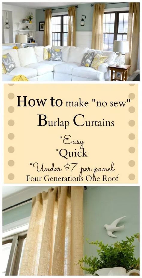 Burlap Curtains Diy, Architecture Renovation, Burlap Curtains, No Sew Curtains, Diy Burlap, Farmhouse Curtains, Printing On Burlap, How To Make Curtains, Diy Curtains