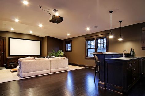 love the dark floors Brown Basement, Basement Wall Colors, Unfinished Basement Walls, Cool Basement Ideas, Basement Colors, Basement Paint Colors, Contemporary Basement, Basement Painting, Basement Home Theater