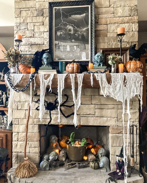 Chimney Halloween Decor, Chimney Halloween Decorations, Halloween Chimney Decor, Halloween Witch Fireplace Decor, Halloween Brick Fireplace Decor, Vintage Halloween Fireplace Decor, Grandin Road Halloween, Chimney Decor, Hallowen Party