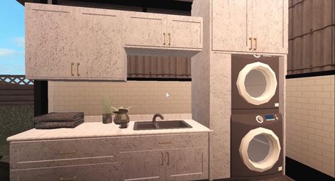 Bloxburg Bathroom And Laundry Room, Garage Ideas In Bloxburg, Modern Bloxburg Laundry Room, Bloxburg Laundry Room Ideas Aesthetic, Bloxburg Garage Interior, Bloxburg Laundry Mat, Bloxburg Garage Ideas Aesthetic, Garage Bloxburg Ideas, Bloxburg Garage Ideas