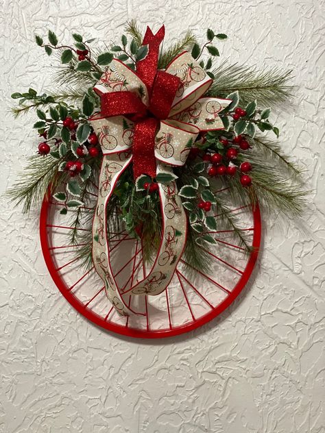 Bicycle Rim Christmas Wreath, Christmas Bicycle Wreath, Bike Wheel Christmas Wreath, Bicycle Wheel Christmas Wreath, Bike Rim Wreath, Bike Wreath, Bicycle Wheel Decor, Christmas Bike, Christmas Bicycle