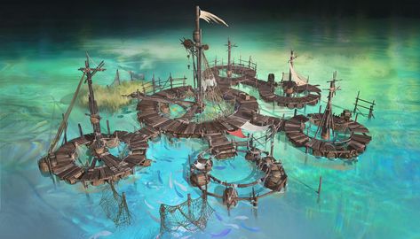 Water Village, Floating Village, Fantasy Water Village, Dnd Fishing Village, Island Village Concept Art, Waterfall Village Concept Art, Underwater Village Art, Fishing Villages Concept Art, Fishing Village Concept Art