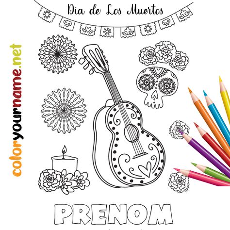 Savez-vous qu’aujourd’hui c’est Dio de Los Muertos, une fête mexicaine 🇲🇽 dédiée aux morts 💀? Voici un coloriage sur le thème du jour des morts, fête mexicaine appelée Dia de Los Muertos : une guitare 🎸 et un crâne décorés avec des fleurs 🌺 et bougie. Dessin à personnaliser directement sur le site avec le prénom de l’enfant 🧒👧 ou le message de votre choix avant de l'imprimer 🖨 #diadelosmuertos #coloriagehalloween #coloriage #coloriageenfant #occuperlesenfants #coloringforkids Dia De Muertos, Halloween