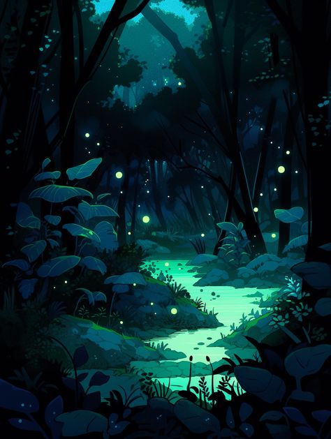 Avatar Glowing Forest, Dark Forest Concept Art, Swamp Lights, Dark Forest Illustration, Swamp Drawing, Dark Forest Painting, Magical Forest Art, Swamp Forest, Glowing Forest