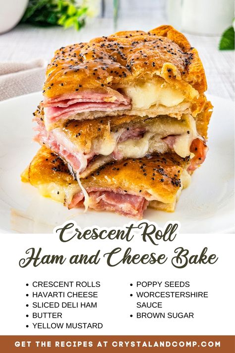 crescent roll ham and cheese bake ingredients list Ham And Cheese Crescent Rolls Pillsbury, Crescent Roll Ham And Cheese, Ham Delights Recipe, Ham And Cheese Crescent Rolls, Crescent Sandwiches, Crescent Roll Bake, 30 Minute Meals Chicken, Crescent Roll Recipes Dinner, Recipes Using Crescent Rolls