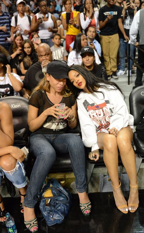 Rihanna cheers for Chris Brown at celebrity basketball game at Barclays Center Rihanna Basketball Game, Celebrities At Basketball Games, Rihanna Cheers, Jr Smith, Barclays Center, Carmelo Anthony, Nfl Games, Basketball Game, Basketball Games